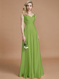 A-Line/Princess V-neck Sleeveless Ruched Floor-Length Silk like Satin Bridesmaid Dresses TPP0005430