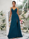 A-Line/Princess Silk like Satin Ruched V-neck Sleeveless Floor-Length Bridesmaid Dresses TPP0004934