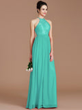 A-Line/Princess Halter Sleeveless Lace Floor-Length Chiffon Bridesmaid Dresses TPP0005320