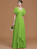 A-Line/Princess V-neck Short Sleeves Floor-Length Ruched Chiffon Bridesmaid Dresses TPP0005041