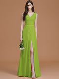 A-Line/Princess V-neck Sleeveless Floor-Length Ruched Chiffon Bridesmaid Dresses TPP0005284