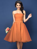 A-Line/Princess Strapless Pleats Sleeveless Short Satin Bridesmaid Dresses TPP0005499