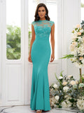 Trumpet/Mermaid Charmeuse Applique High Neck Sleeveless Floor-Length Bridesmaid Dresses TPP0004924