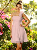 A-Line/Princess One-Shoulder Hand-Made Flower Sleeveless Short Chiffon Bridesmaid Dresses TPP0005319