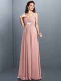 A-Line/Princess V-neck Beading Pleats Sleeveless Long Chiffon Bridesmaid Dresses TPP0005270