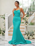 Sheath/Column Charmeuse Ruched Square Sleeveless Sweep/Brush Train Bridesmaid Dresses TPP0004912