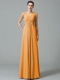 A-Line/Princess Scoop Ruched Sleeveless Long Chiffon Bridesmaid Dresses TPP0005442