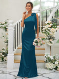 Sheath/Column Silk like Satin Bowknot One-Shoulder Sleeveless Floor-Length Bridesmaid Dresses TPP0004917