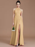 A-Line/Princess Halter Sleeveless Ruched Floor-Length Chiffon Bridesmaid Dresses TPP0005060