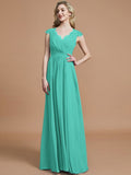 A-Line/Princess V-neck Sleeveless Ruched Floor-Length Chiffon Bridesmaid Dresses TPP0005567