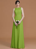 A-Line/Princess Jewel Sleeveless Floor-Length Ruched Chiffon Bridesmaid Dresses TPP0005645