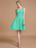 A-Line/Princess V-neck Sleeveless Lace Short/Mini Chiffon Bridesmaid Dresses TPP0005355