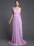 A-Line/Princess V-neck Sleeveless Long Ruffles Chiffon Bridesmaid Dresses TPP0005515