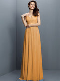 A-Line/Princess V-neck Lace Sleeveless Long Chiffon Bridesmaid Dresses TPP0005562