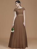 A-Line/Princess Bateau Short Sleeves Floor-Length Sash/Ribbon/Belt Tulle Bridesmaid Dresses TPP0005494