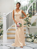 Sheath/Column Sequins Ruched V-neck Sleeveless Sweep/Brush Train Bridesmaid Dresses TPP0004958