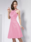 A-Line/Princess Scoop Sleeveless Pleats Short Elastic Woven Satin Bridesmaid Dresses TPP0005103