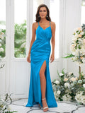 Sheath/Column Elastic Woven Satin Ruched Spaghetti Straps Sleeveless Sweep/Brush Train Bridesmaid Dresses TPP0004935