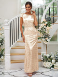 Sheath/Column Sequins Ruched Scoop Short Sleeves Floor-Length Bridesmaid Dresses TPP0004938