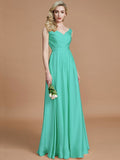 A-Line/Princess V-neck Sleeveless Ruched Floor-Length Silk like Satin Bridesmaid Dresses TPP0005430