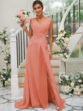 A-Line/Princess Chiffon Ruched V-neck Sleeveless Sweep/Brush Train Bridesmaid Dresses TPP0004916