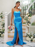 Sheath/Column Elastic Woven Satin Ruched Square Sleeveless Sweep/Brush Train Bridesmaid Dresses TPP0004933