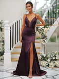 Sheath/Column Silk like Satin Ruched V-neck Sleeveless Sweep/Brush Train Bridesmaid Dresses TPP0004907