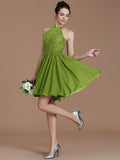 A-Line/Princess Halter Sleeveless Lace Short/Mini Chiffon Bridesmaid Dresses TPP0005132