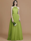 A-Line/Princess Halter Sleeveless Floor-Length Ruffles Tulle Bridesmaid Dresses TPP0005376