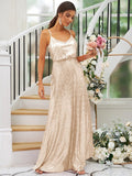 A-Line/Princess Sequins Ruched Straps Sleeveless Floor-Length Bridesmaid Dresses TPP0004943