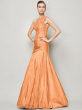 A-Line/Princess One-Shoulder Sleeveless Pleats Long Taffeta Bridesmaid Dresses TPP0005085