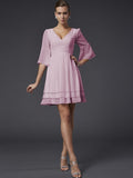 A-Line/Princess V-neck 1/2 Sleeves Beading Short Chiffon Bridesmaid Dresses TPP0005089