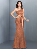 Trumpet/Mermaid One-Shoulder Lace Sleeveless Long Lace Bridesmaid Dresses TPP0005307