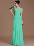 A-Line/Princess V-neck Sleeveless Ruched Floor-Length Chiffon Bridesmaid Dresses TPP0005037