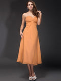 Sheath/Column Sweetheart Ruffles Sleeveless Tea Length Chiffon Bridesmaid Dresses TPP0005620