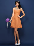 A-Line/Princess Sweetheart Lace Pleats Sleeveless Short Satin Bridesmaid Dresses TPP0005420