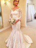 Trumpet/Mermaid 3/4 Sleeves Satin Off-the-Shoulder Lace Court Train Wedding Dresses TPP0006266