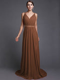 A-Line/Princess V-neck Sleeveless Long Ruffles Chiffon Bridesmaid Dresses TPP0005515