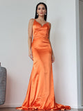 Sheath/Column Satin Ruched V-neck Sleeveless Sweep/Brush Train Dresses