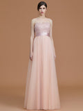 A-Line/Princess Bateau Sleeveless Floor-Length Applique Tulle Bridesmaid Dresses TPP0005365