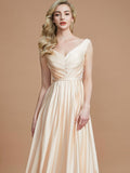 A-Line/Princess V-neck Sleeveless Ruched Floor-Length Silk like Satin Bridesmaid Dresses TPP0005430