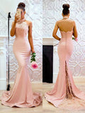 Trumpet/Mermaid Sleeveless Halter Sweep/Brush Train Lace Charmeuse Dresses TPP0002248