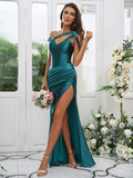 Sheath/Column Charmeuse Ruched Off-the-Shoulder Sleeveless Sweep/Brush Train Bridesmaid Dresses TPP0004898