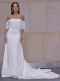 Sheath/Column Lace Ruffles Off-the-Shoulder Short Sleeves Sweep/Brush Train Wedding Dresses TPP0006510