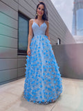 A-Line/Princess V-neck Tulle Applique Floor-Length Sleeveless Dresses TPP0001529