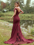 Sheath/Column Stretch Crepe Applique Off-the-Shoulder Sleeveless Sweep/Brush Train Bridesmaid Dresses TPP0004931