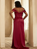 Sheath/Column Satin Ruched Off-the-Shoulder Sleeveless Sweep/Brush Train Bridesmaid Dresses TPP0004959