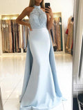 Trumpet/Mermaid Sleeveless Halter Sweep/Brush Train Lace Satin Dresses TPP0002789