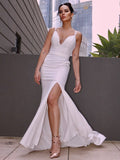 Sheath/Column Stretch Crepe Ruched V-neck Sleeveless Sweep/Brush Train Wedding Dresses TPP0006443