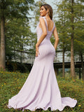 Trumpet/Mermaid Stretch Crepe Ruched V-neck Sleeveless Sweep/Brush Train Bridesmaid Dresses TPP0004993